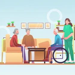 Animated drawing of people sitting on a counch in a nursing home while a volunteer guides a wheelchair with an elderly resident sitting in it